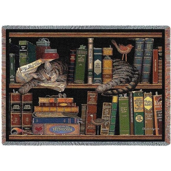 New Heavy Woven Throw Blanket Charles Wysocki Max in the Stacks Cat Lover Gift - Picture 1 of 4